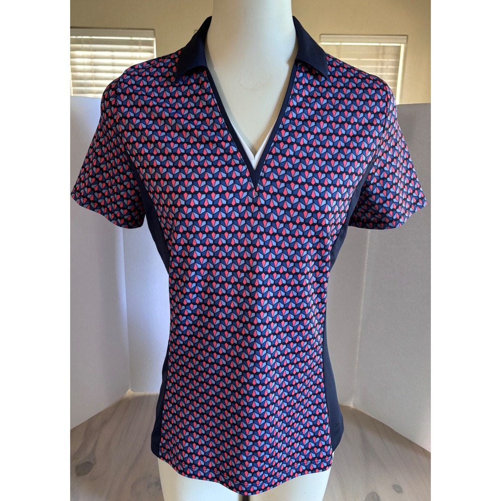Callaway Women's Opti-Dri Golf Polo Shirt Small Navy Pink Geometric V-Neck